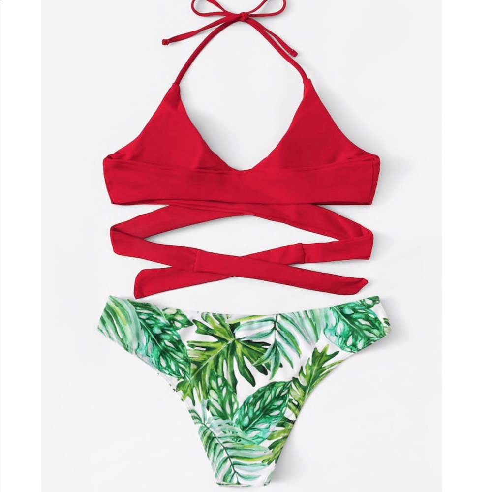 ππ Wrap Halter Top With Random Palm Print Bikini - Picture 2 of 6